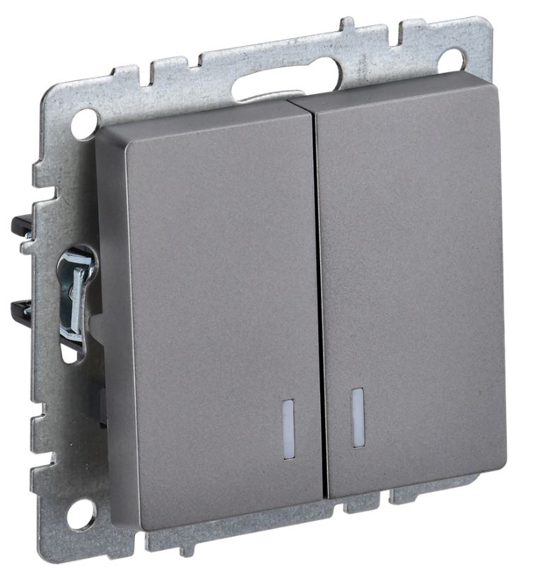 

Выключатель двухклавишный с подсветкой IEK BR-V20-1-10-K46 BRITE 10А ВС10-2-1-БрС Сталь, BR-V20-1-10-K46