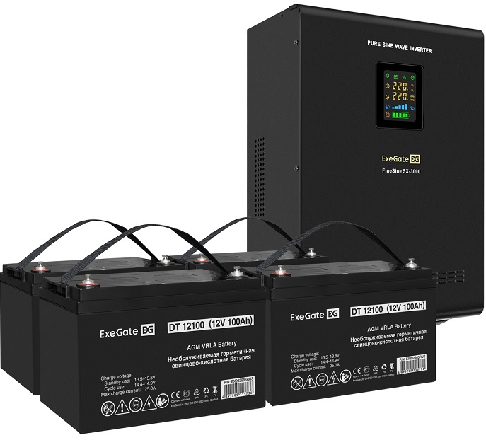 

Комплект Exegate FineSine SX-3000.LCD.AVR.2SH.T EX296646RUS ИБП EX296003RUS + батарея 100Aч EX282985RUS 4шт (инвертор, синус, для котла, настенный) 30, FineSine SX-3000.LCD.AVR.2SH.T