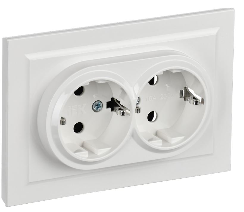 

Розетка двухместная с заземлением в сборе IEK SK-R21-16-K01-F SKANDY без защитных шторок 16А SK-R08W арктический белый, SK-R21-16-K01-F