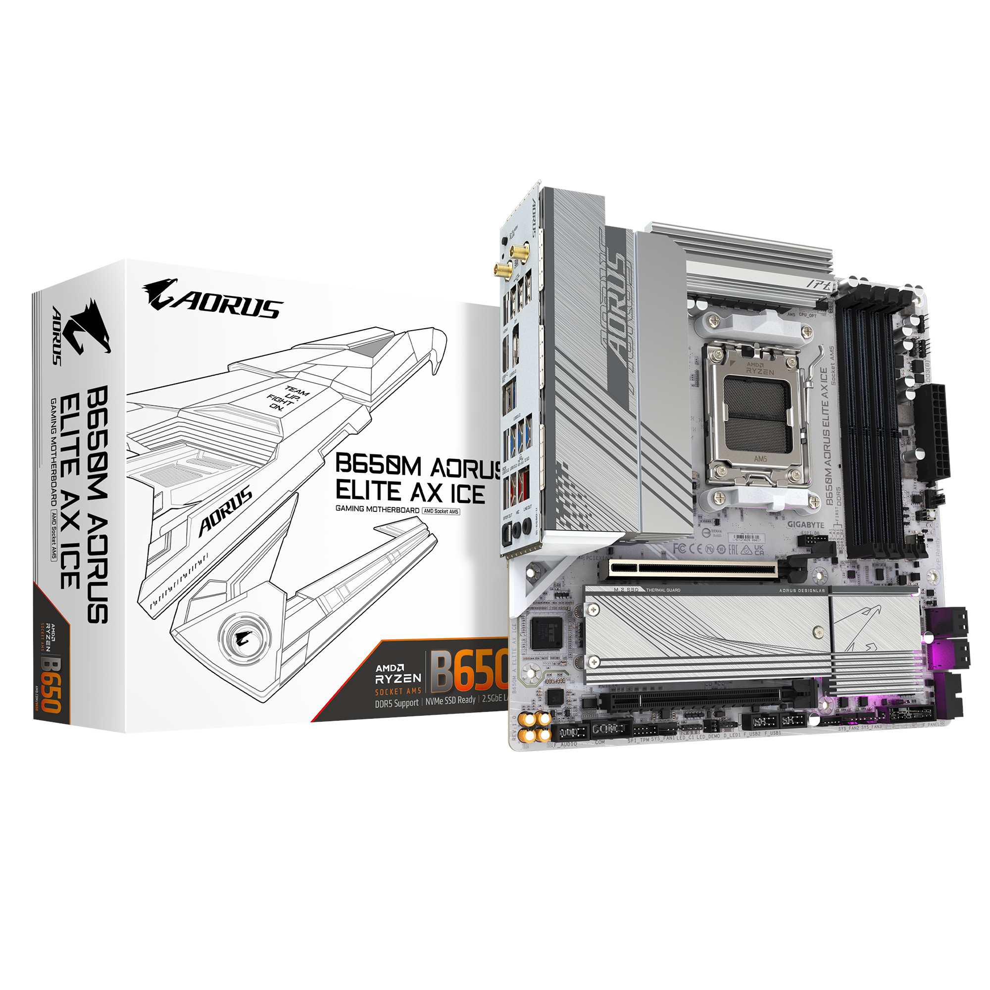 

Материнская плата mATX GIGABYTE B650M AORUS ELITE AX ICE (AM5, B650, 4*DDR5 (8000), 4*SATA, 2*M.2, 7*USB 3.2, 4*USB 2.0, USB Type-C, 2*PCIe x16, DP, H, B650M AORUS ELITE AX ICE