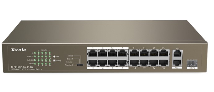 

Коммутатор неуправляемый Tenda TEF1118P-16-150W 16 портов PoE, 2 порта uplink, мощность PoE 30 Вт, бюджет PoE 130 Вт, TEF1118P-16-150W