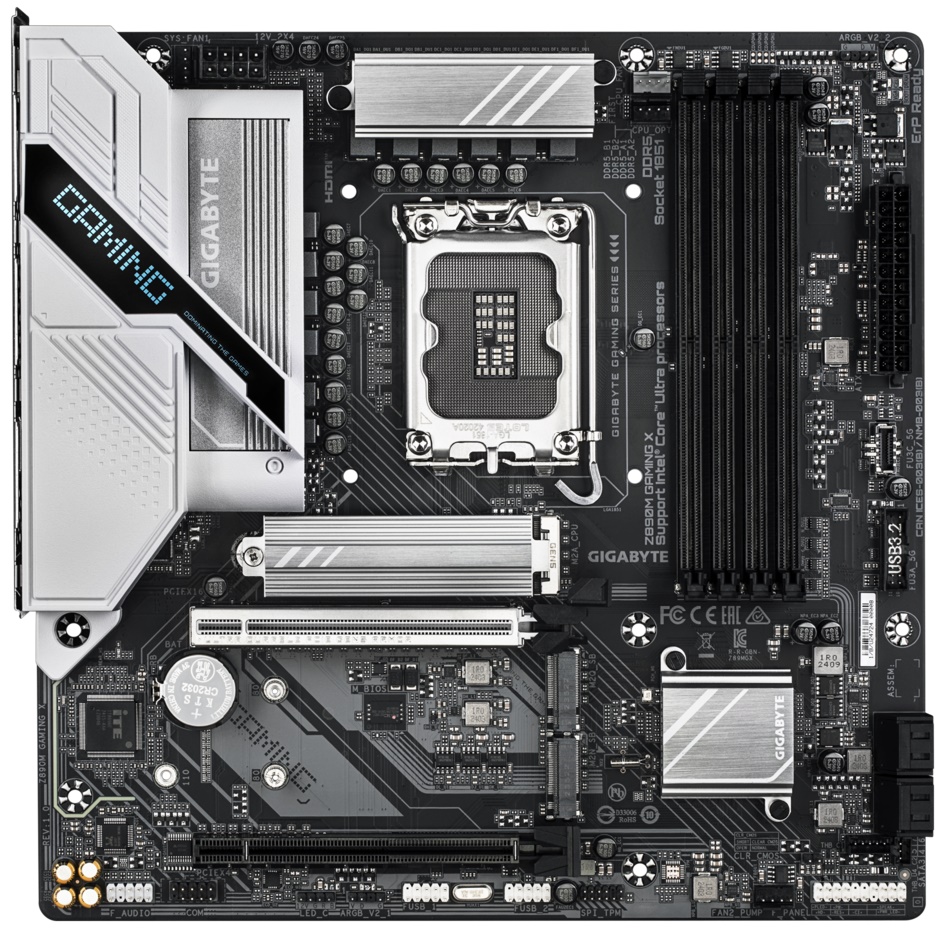

Материнская плата mATX GIGABYTE Z890M GAMING X (LGA1851, Z890, 4*DDR5 (8800), 4*SATA 6G RAID, 3*M.2, PCI-E, 2.5Glan, 3*USB 3.2, 2*USB 2.0, HDMI/2*DP), Z890M GAMING X