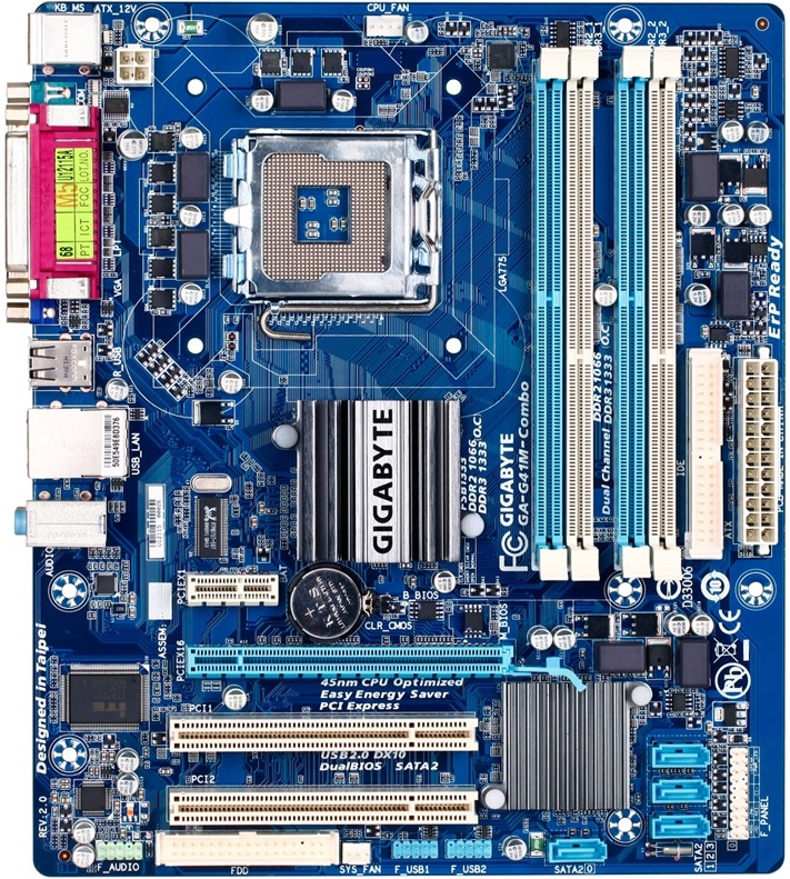 

Материнская плата mATX GIGABYTE GA-G41M-COMBO (G41,LGA775,1333Mhz,2*DDR2(1066)/2DDR3(1333),PCI-E,GMA X4500,GLan,4*SATA,5.1CH) RTL, GA-G41M-COMBO