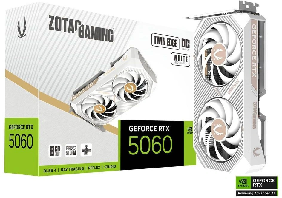 

Видеокарта PCI-E Zotac GeForce RTX 5060 TWIN EDGE OC WHITE ED (ZT-B50600Q-10M) 8GB GDDR7 128bit 2527/28000MHz HDMI 3*DP, GeForce RTX 5060 TWIN EDGE OC WHITE ED (ZT-B50600Q-10M)
