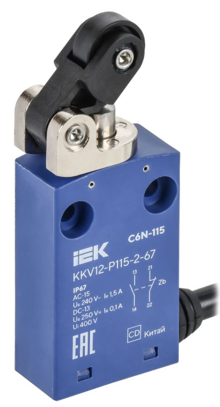 

Выключатель концевой IEK KKV12-P115-2-67 C6N-115 толкатель с рычажным роликом левый IP67, KKV12-P115-2-67