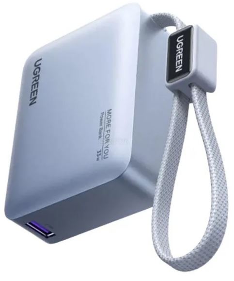 

Аккумулятор внешний UGREEN PB584 75173B Fast Charging 5000mAh USB-C 33W со встроенным кабелем USB-C Power Bank. Цвет: голубой, PB584