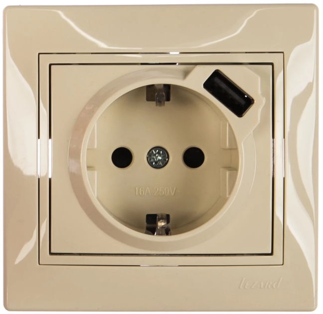 

Розетка Lezard 701-0303-181 Mira 1-м СП 16А с заземл. + USB разъем крем., 701-0303-181