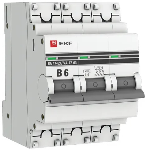 

Автоматический выключатель EKF mcb4763-3-06B-pro 3P 6А (В) 4,5kA ВА 47-63, mcb4763-3-06B-pro