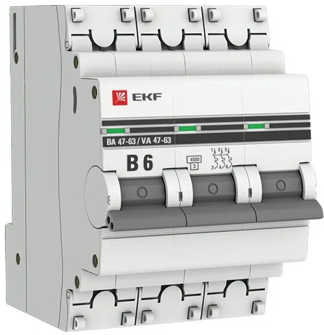 Изображение товара Автоматический выключатель EKF mcb4763-3-06B-pro 6 А IP20 серия PROxima для защиты цепей