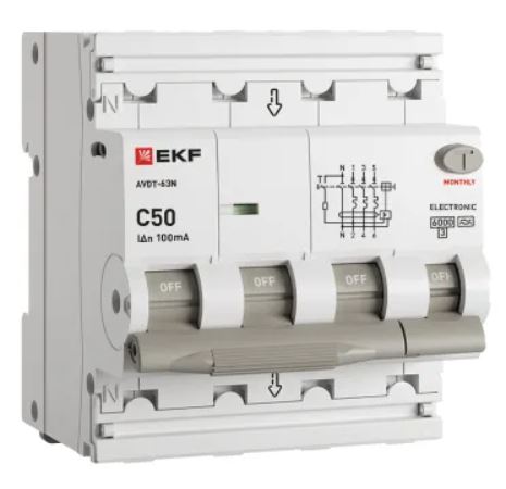 

Автомат дифференциальный EKF D63N46EA50C100 АВДТ-63N 3P+N 50А характеристика C 100мА тип A электронный 6кА PROXIMA, D63N46EA50C100