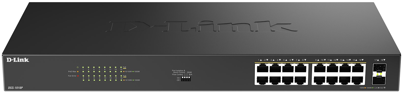 

Коммутатор/ DGS-1018P Конфигурируемый PoE-коммутатор, 16х1000Base-T PoE, 2x1000Base-X SFP, PoE-бюджет 240 Вт, DIP-переключатель, корпус металл, DGS-1018P/B1A