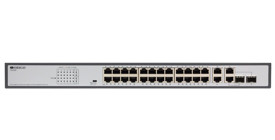 

Коммутатор неуправляемый ORIGO OS2228P/370W/A1A 26x1000Base-T (24x1000Base-T PoE), 2xCombo 1000Base-T/SFP, PoE Budget 370W, Long-range PoE up to 250m,, OS2228P/370W/A1A