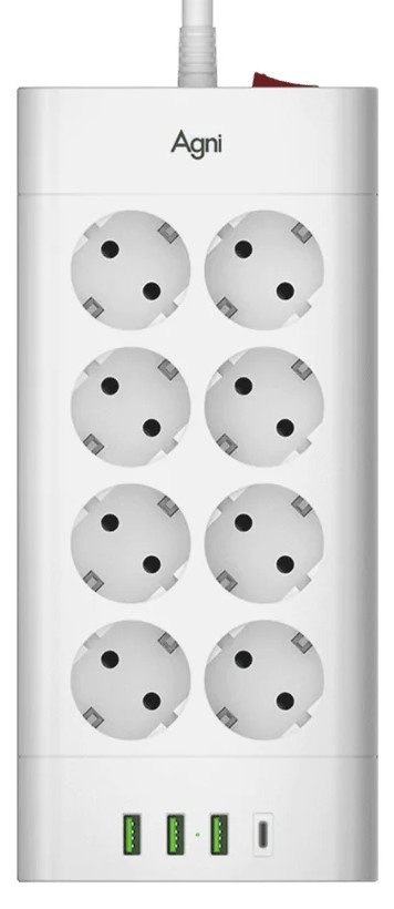 

Сетевой фильтр AGNI TP-FA4U8E-C-5m-white 8 розеток, 16А, 4000Вт, 220-250В, 5 м, 3x1,5mm2, 3*USB, Type-C, белый, TP-FA4U8E-C-5m-white