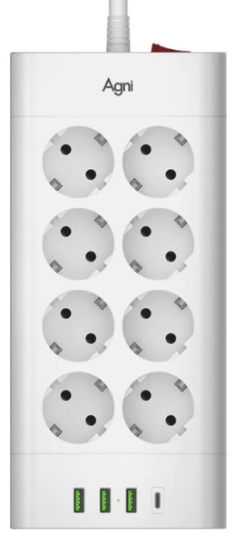 Изображение товара Сетевой фильтр AGNI TP-FA4U8E-C-5m-white с 8 розетками и 4 USB для дома и офиса