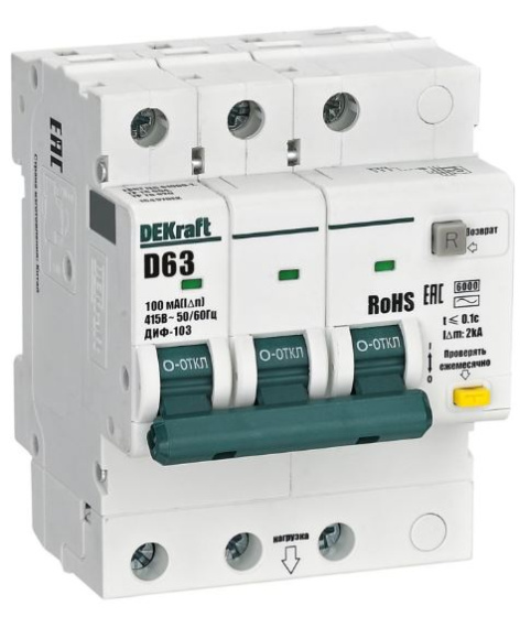 Изображение товара Автоматический дифференциальный выключатель DEKraft ДИФ-103 NEW 63 А 100 мА 3P