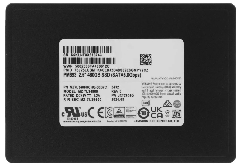 

Накопитель SSD 2.5'' Samsung PM893 MZ7L3480HCHQ-00B7C 480GB, 550/520MB/s, TBW 876, MTBF 2M, PM893