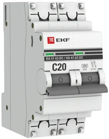 

Автоматический выключатель EKF mcb4763-DC-2-20C-pro 2P 20А (С) 6кА ВА 47-63 DC, mcb4763-DC-2-20C-pro