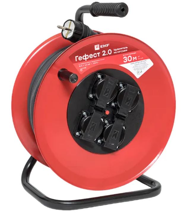 

Удлинитель на катушке EKF UKG02-16-R325-4-30-IP44 "Гефест 2.0" 4 гнезда 30м с заземлением и предохранителем КГ 3*2,5 16А/3,5кВт IP44 PROxima, UKG02-16-R325-4-30-IP44