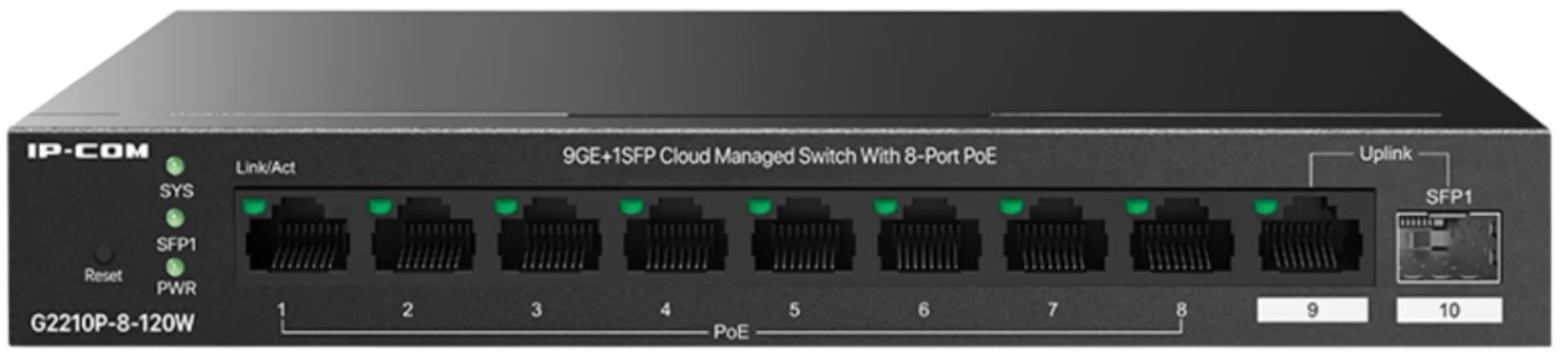 

Коммутатор управляемый IP-Com G2210P-8-120W PoE, 10 портов, 9x1 Гбит/с, SFP 1x1 Гбит/с, PoE 8x30Вт (до 110 Вт), G2210P-8-120W