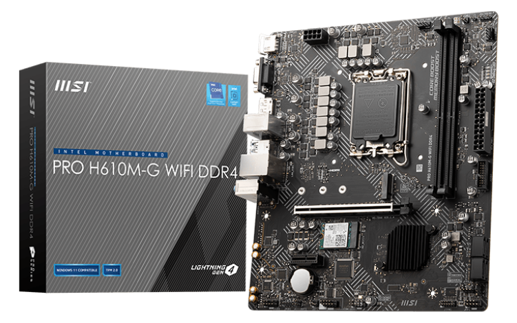 

Материнская плата mATX MSI PRO H610M-G WIFI DDR4 (LGA1700, H610, 2*DDR4 (3200), 4*SATA 6G, M.2, 2*PCIE, Glan, WiFi, BT, HDMI, VGA, DP, 2*USB 3.2, 4*US, PRO H610M-G WIFI DDR4