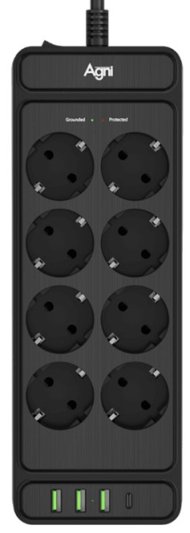 Изображение товара Сетевой фильтр AGNI TP-FS4U8E-PD-5m-black с USB и защитой