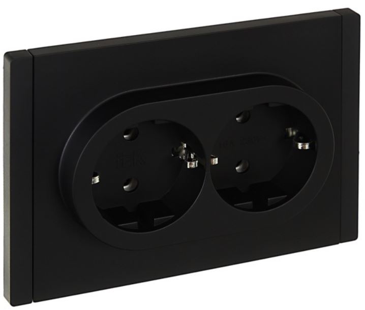 

Розетка двухместная с заземлением IEK FP-R21-16-1-K02 FORTE&PIANO без защитных шторок б/к 16А FP124 черная, FP-R21-16-1-K02