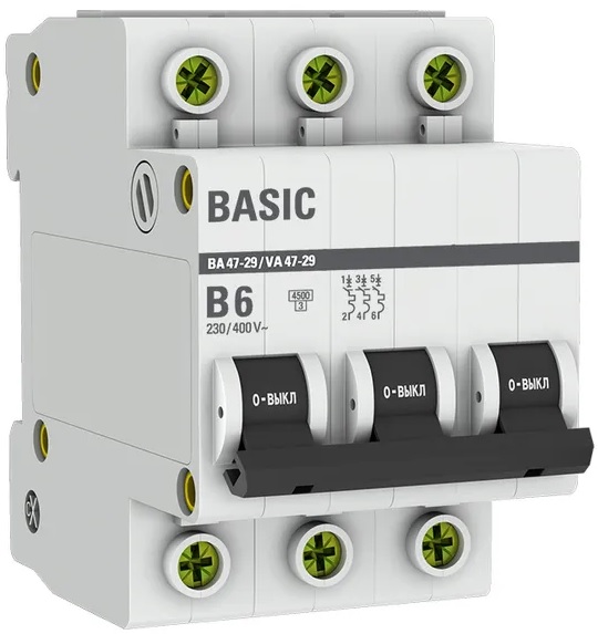 

Автоматический выключатель EKF mcb4729-3-06-B 3P 6А (B) 4,5кА ВА 47-29, mcb4729-3-06-B