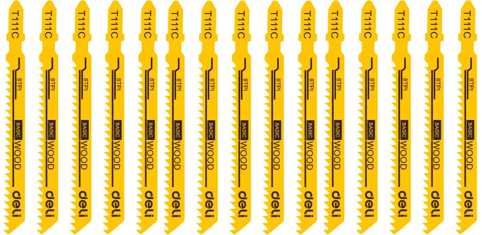 

Набор пилок Deli DH-QJT015-ED1 для электролобзика (15шт) по дереву тип T111C, 8TPI, 74мм, DH-QJT015-ED1