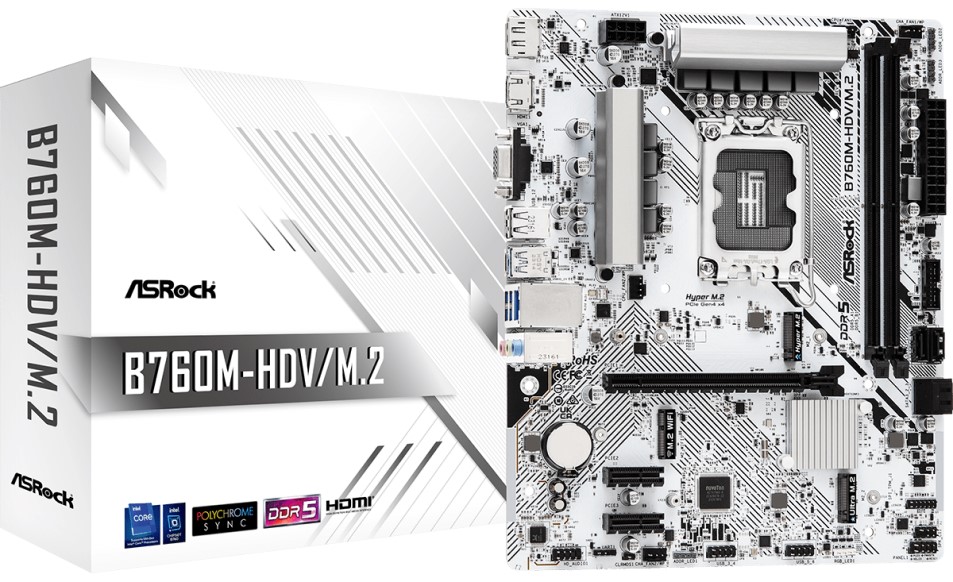 

Материнская плата mATX ASRock B760M-HDV/M.2 (LGA1700, B760, 2*DDR4 (5333), 4*SATA 6G RAID, 2*M.2, 3*PCIE, Glan, D-Sub, HDMI, DP, USB Type-C, 3*USB 3.2, B760M-HDV/M.2