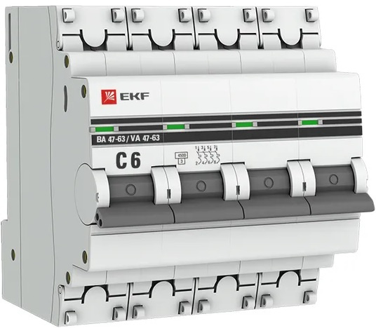 Изображение товара Автоматический выключатель EKF mcb4763-4-06C-pro для защиты цепей 6 А 400 В IP20