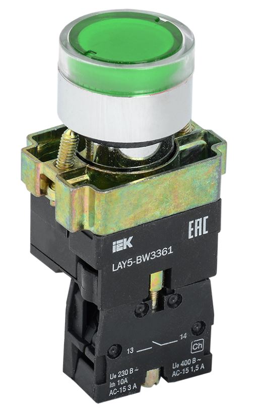 

Кнопка управления IEK BBT50-BW-K06 LAY5-BW3361 с подсветкой зеленый 1NO, BBT50-BW-K06