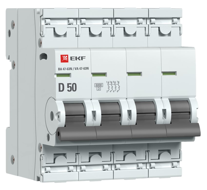 

Автоматический выключатель EKF M636450D 4P 50А (D) 6кА ВА 47-63N PROxima, M636450D