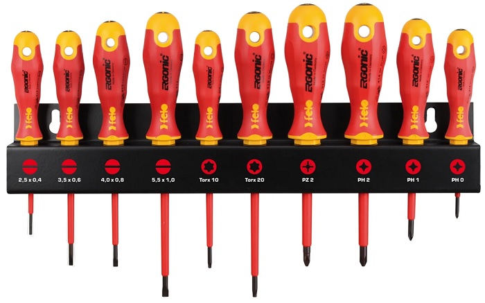 

Набор отверток Felo 41491093 диэлектрических SL/PZ/PH/Tx Ergonic на стальной стойке, 10 шт, 41491093