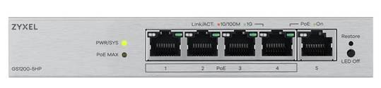 

Коммутатор ZYXEL GS1200-5HPv3 Web Smart L2, 5xGE (4xPoE+), бюджет PoE 68 Вт, настольный, бесшумный, GS1200-5HPv3