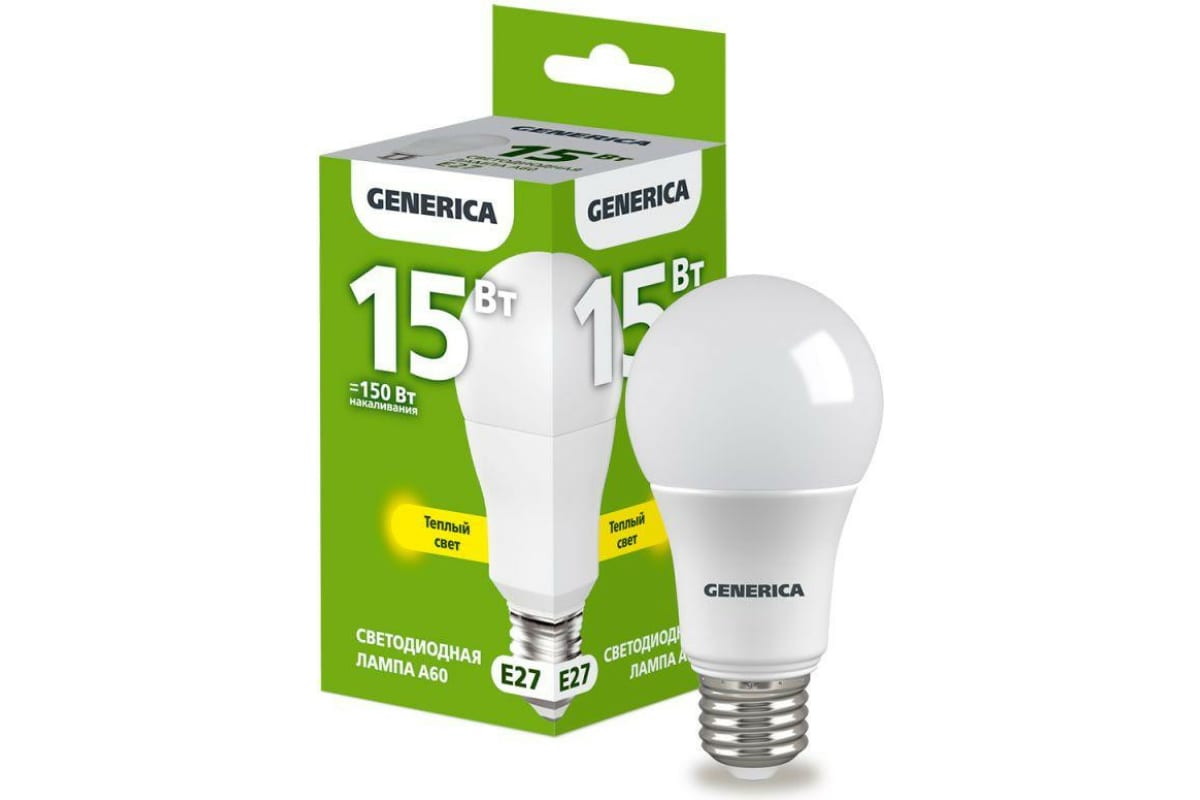 

Лампа светодиодная GENERICA LL-A60-15-230-30-E27-G A60 15Вт грушевидная 3000К E27 230В, LL-A60-15-230-30-E27-G