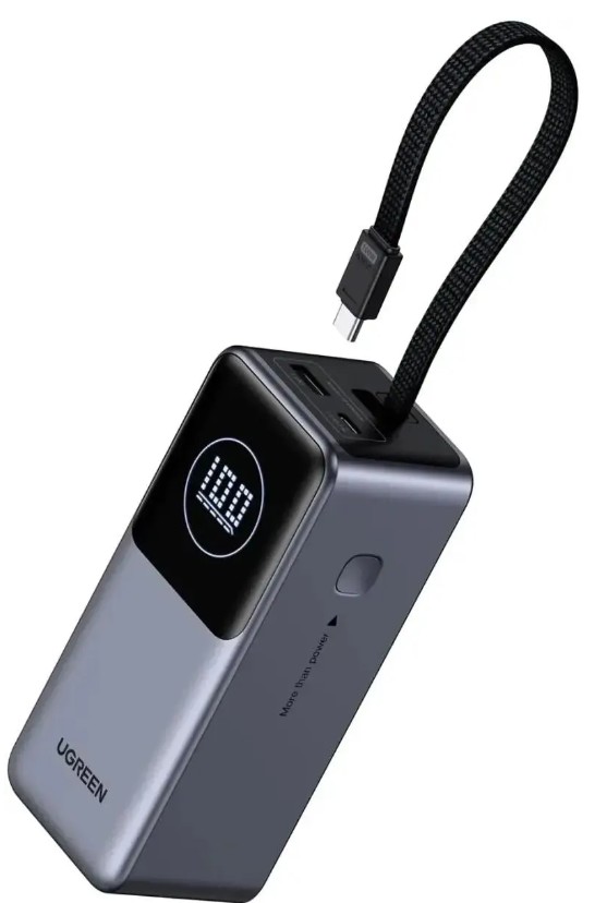 

Аккумулятор внешний UGREEN PB723 55365B со встроенным кабелем, 130W Power Bank with Built-in Cable. Цвет: серый космос, PB723