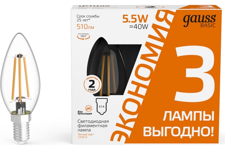 

Лампа светодиодная Gauss 1031116T Basic 5.5Вт цок.:E14 свеча 220B 2700K св.свеч.бел.теп. (3шт), 1031116T