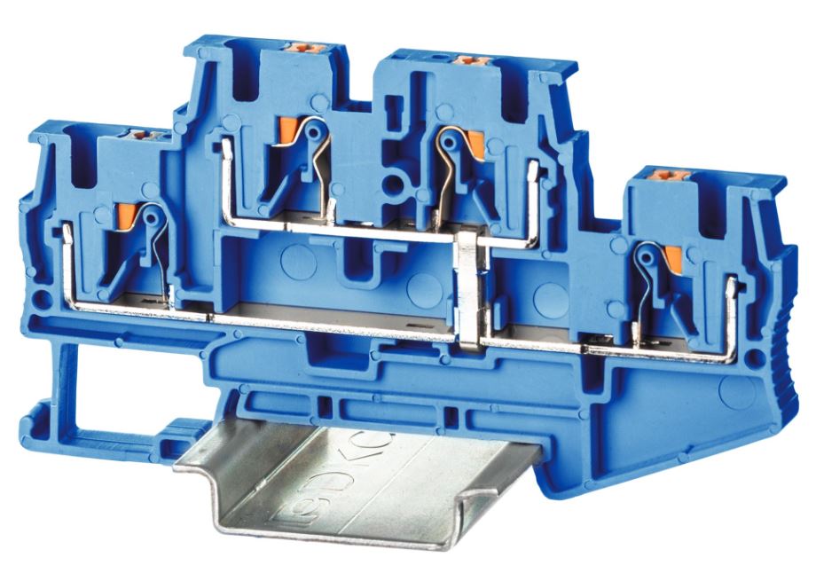 

Клемма DKC VPRTT-4-PV-BU двухуровневая, зажим push-in, 4 точки подключения, с перемычкой между уровнями, 4 кв.мм, синяя, "Nuputuk", VPRTT-4-PV-BU