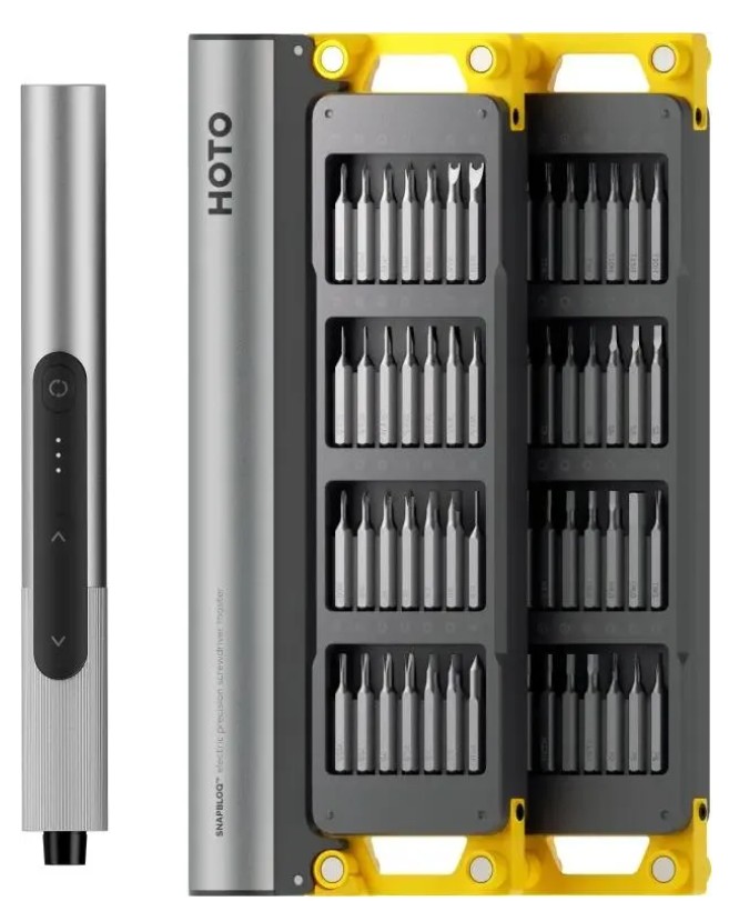 

Отвертка аккумуляторная HOTO HFE0025GL с набором бит HOTO SNAPBLOQ Electric Precision Screwdriver Master Set (56 предметов, серый, жёлтый, S-A01), HFE0025GL