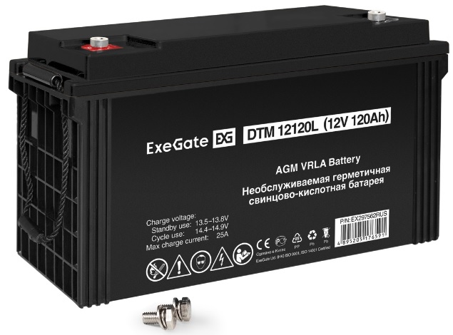 

Батарея аккумуляторная Exegate DTM 12120L EX297562RUS (12V 120Ah, болт М8), DTM 12120L