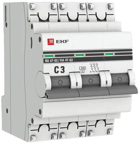 Изображение товара Автоматический выключатель EKF mcb4763-3-03C-pro для защиты цепей 3 полюса 400 В 3 А