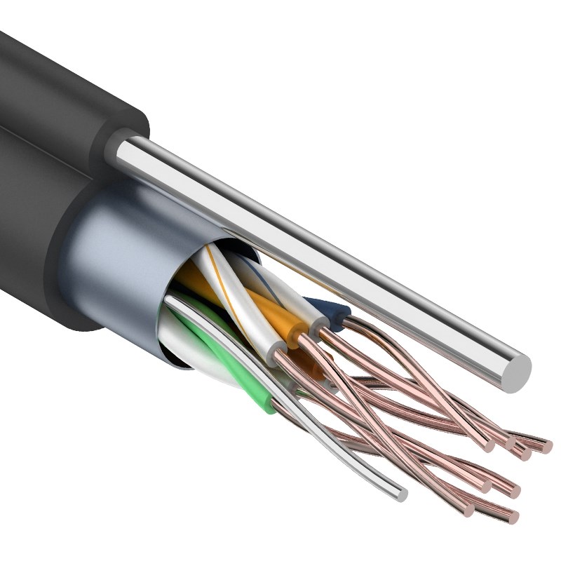

Кабель витая пара F/UTP 5e кат. 4 пары Rexant 01-0144 24AWG(0.50 мм), медь, одножильный (solid), внешний, с троссом, PE, чёрный, уп/305м, 01-0144