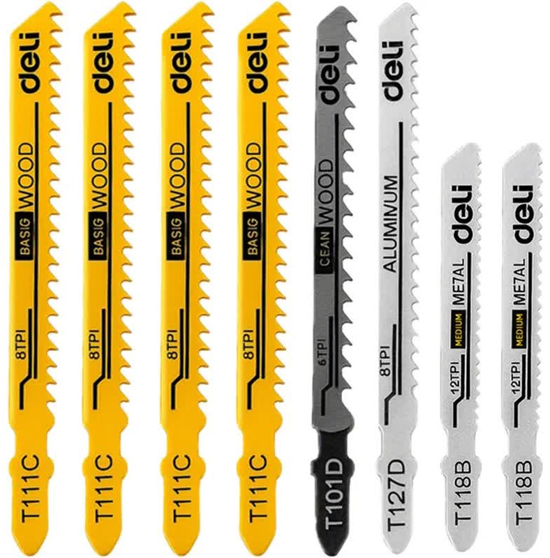 

Набор пилок Deli DH-QJT008-EH1 для электролобзика (8шт) универсальный (по металлу 12TPI - 2шт, по дереву 8TPI - 4шт + 6TPI - 1шт, по алюминию 8TPI - 1, DH-QJT008-EH1