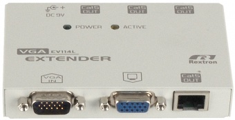 

Удлинитель Rextron EV-114L VGA передающий блок, 1 вход, 4 выхода, D-Sub, до 1280х1024, UTP Кат.5e до 150м, EV-114L
