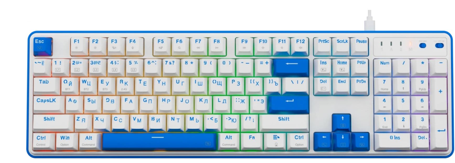 

Клавиатура беспроводная Redragon Faye Pro 72257 RU,RGB, BT+2.4G, гаскет, белый/синий (1/10), Faye Pro