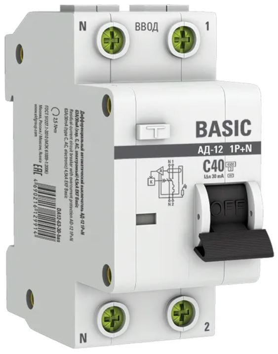

Автомат дифференциальный EKF DA12-40-30-bas АД-12 1P+N 40А характеристика C 30мА тип АС электронный 4,5кА BASIC, DA12-40-30-bas