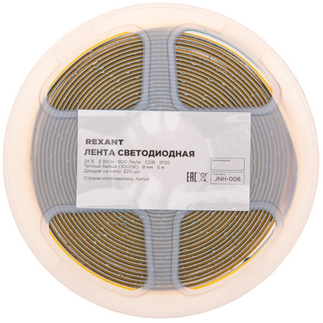 

Лента светодиодная Rexant 147-110 24В, COB 8Вт/м, 320 LED/м, 3000K, 8мм, 5м, IP20, 147-110