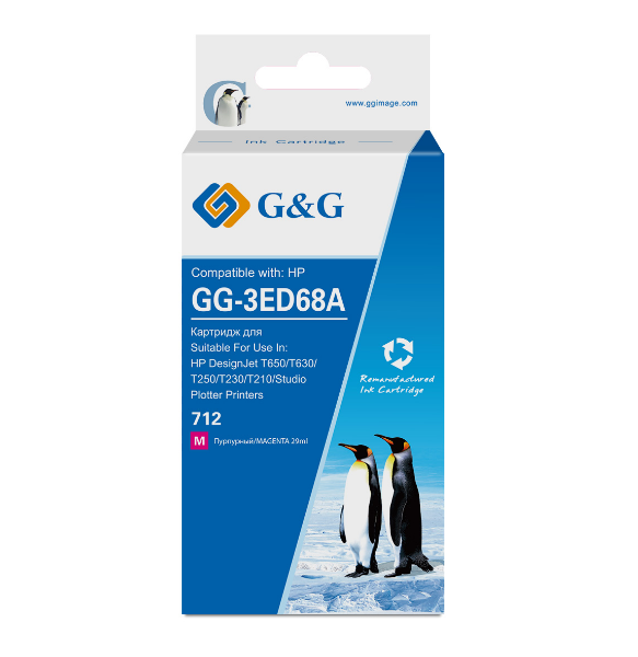 

Картридж G&G GG-3ED68A струйный 712 пурпурный (29мл) для HP DesignJet T650/T630/T250/T230/T210/Studio Plotter Printers, GG-3ED68A