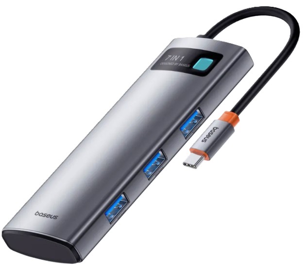 

Док-станция Baseus Metal Gleam Series B00030708811-00 7-Port; вход: Type-C; порты: HDMI4K/60Hz*1 + USB3.0*3 + PD*1 + SD/TF*1; Space Grey, Metal Gleam Series