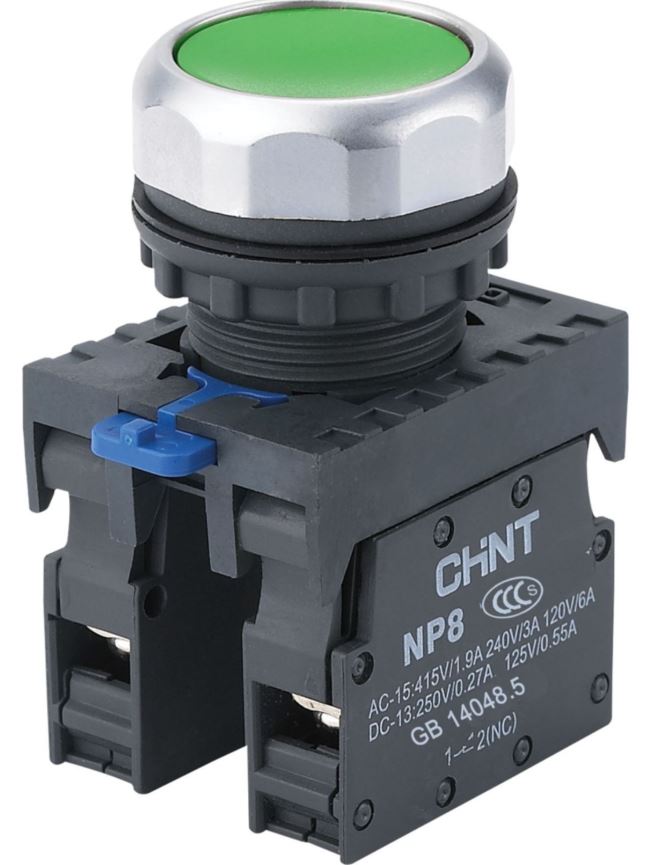 

Кнопка управления CHINT 667113 NP8-11BN/3, без подсветки, зел., 1НО+1НЗ, IP65 (R), 667113